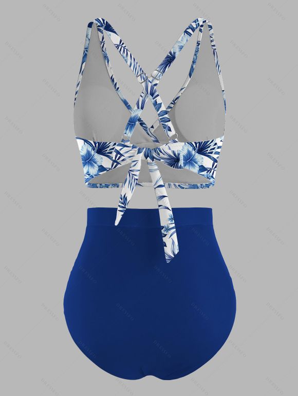 Vacation Couple Outfit Outfit Tropical Flower Print Ruched Bottom Swimwear and Shirt Set - Bleu profond S | US 4