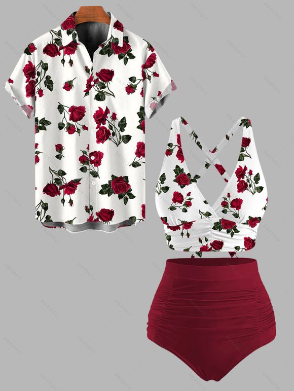 Vacation Couple Outfit Rose Print Crossover Swimwear Set and Shirt Set - Blanc S | US 4