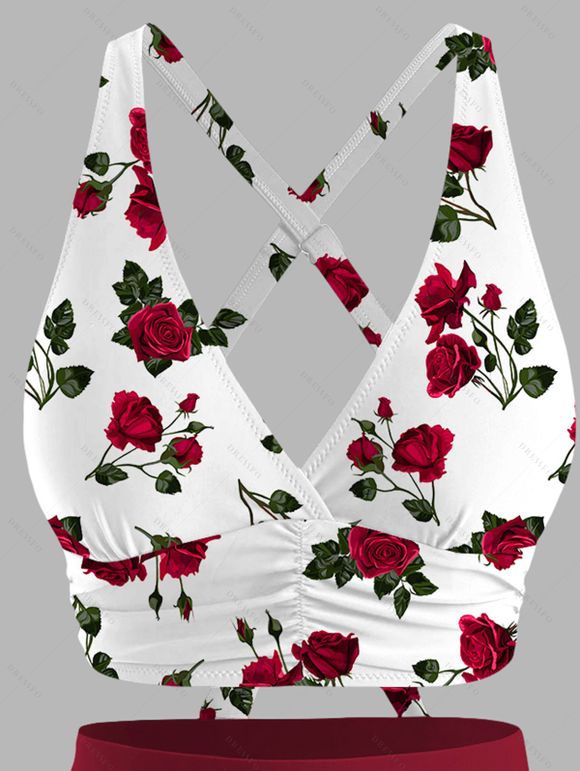 Vacation Couple Outfit Rose Print Crossover Swimwear Set and Shirt Set - Blanc S | US 4