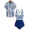 Vacation Couple Outfit Outfit Tropical Flower Print Ruched Bottom Swimwear and Shirt Set - Bleu profond S | US 4