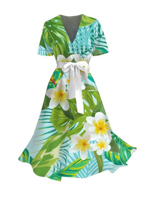 Robe de vacances à imprimé feuille tropicale frangipanier avec ceinture