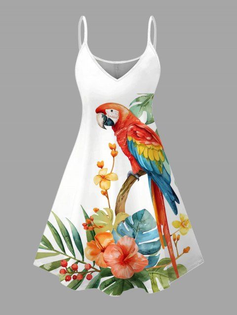 Robe de vacances à imprimé floral perroquet et feuilles, bretelles spaghetti