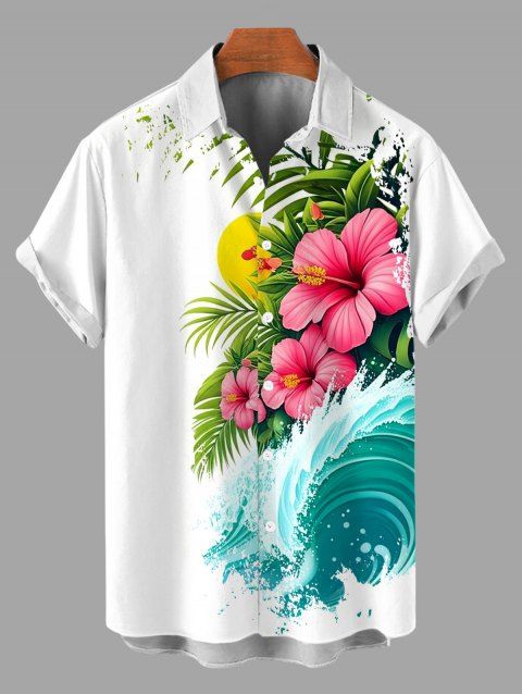 Chemise de vacances pour homme à imprimé floral d'hibiscus et de vagues, boutonnée