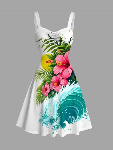 Robe de vacances à imprimé floral hibiscus et feuilles ondulées, buste froncé