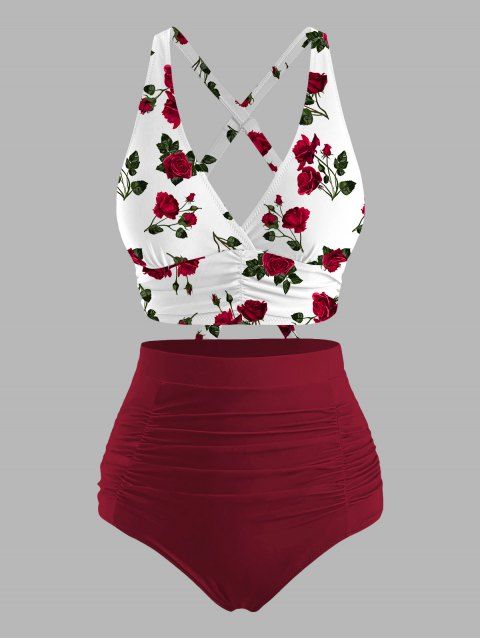 Ensemble maillot de bain de plage : haut imprimé feuilles de rose et bas froncé.