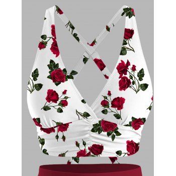 Beach Swimwear Set Rose Leaf Print Top Ruched Bottom Swimsuit