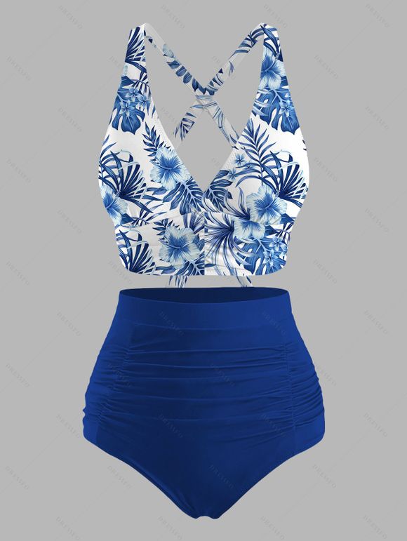 Ensemble maillot de bain de plage : haut imprimé floral tropical et bas froncé. - Bleu XL