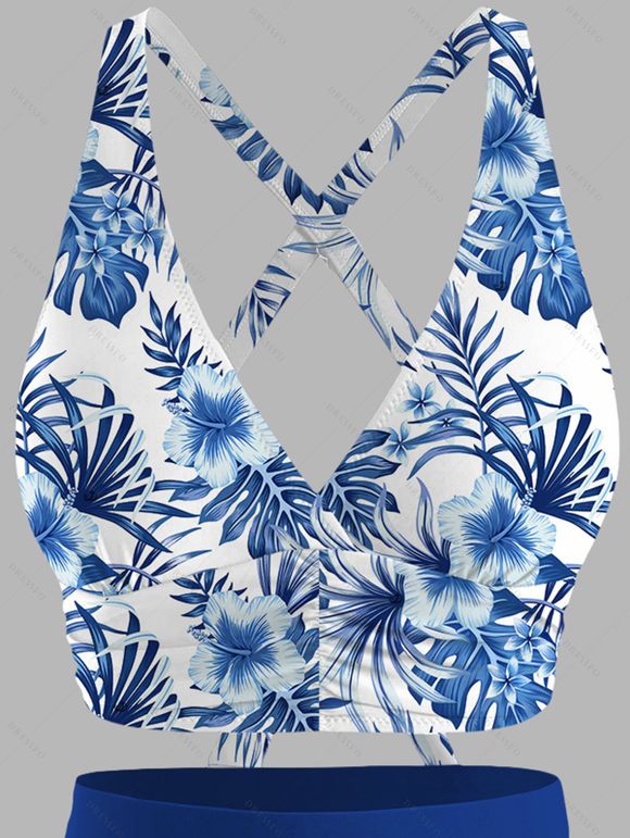 Ensemble maillot de bain de plage : haut imprimé floral tropical et bas froncé. - Bleu XL