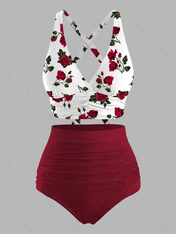 Ensemble maillot de bain de plage : haut imprimé feuilles de rose et bas froncé. - Rouge 2XL