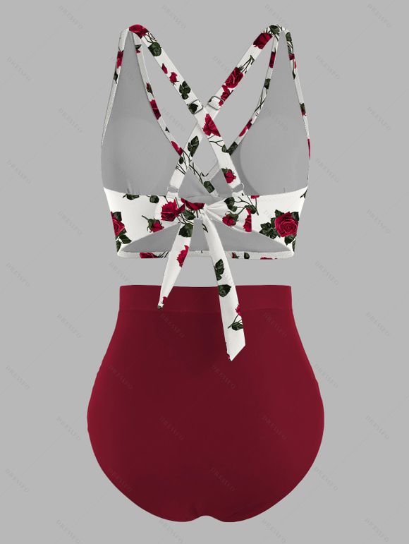 Ensemble maillot de bain de plage : haut imprimé feuilles de rose et bas froncé. - Rouge 2XL