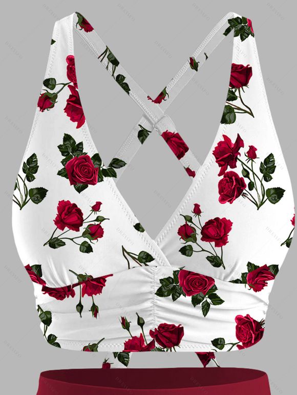 Ensemble maillot de bain de plage : haut imprimé feuilles de rose et bas froncé. - Rouge 2XL
