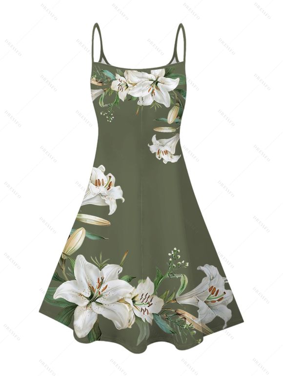 Robe de vacances à imprimé floral Lily et bretelles spaghetti - Vert Armée XXXXXL | US 20