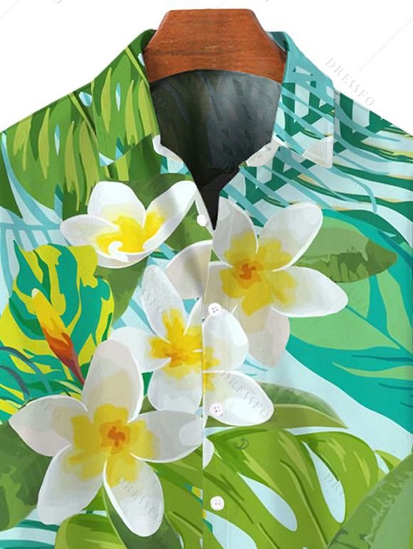 Chemise de vacances pour homme, imprimé feuilles tropicales de frangipanier, boutonnée - Vert clair 5XL