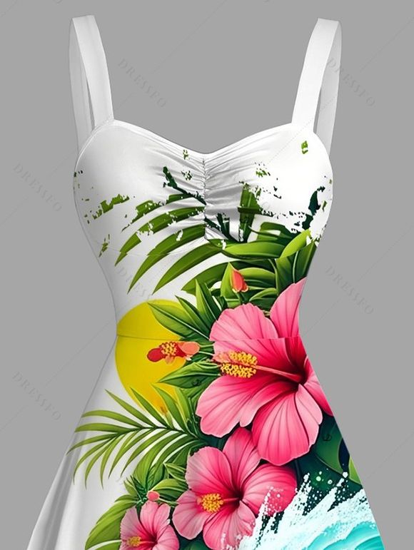 Robe de vacances à imprimé floral hibiscus et feuilles ondulées, buste froncé - Blanc XXXXXL | US 20