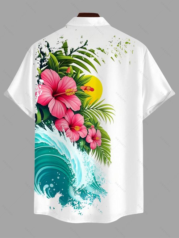 Chemise de vacances pour homme à imprimé floral d'hibiscus et de vagues, boutonnée - Blanc 5XL