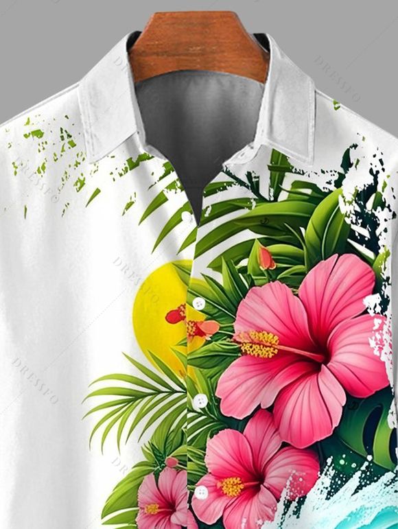 Chemise de vacances pour homme à imprimé floral d'hibiscus et de vagues, boutonnée - Blanc 5XL