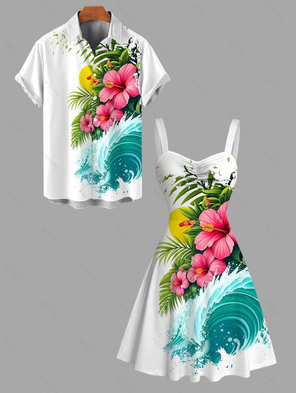 Vacation Couple Outfit Hibiscus Floral Leaf Wave Print Dress and Shirt Set - Blanc S | US 4