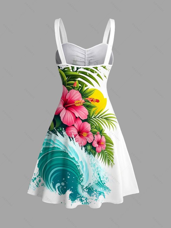 Vacation Couple Outfit Hibiscus Floral Leaf Wave Print Dress and Shirt Set - Blanc S | US 4