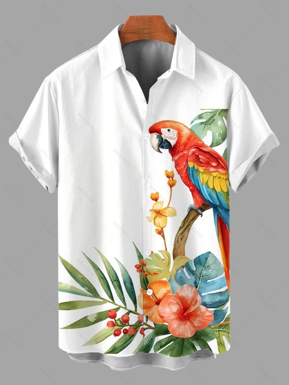 Chemise de vacances pour homme à imprimé floral et feuilles de perroquet, boutonnée - Blanc XL
