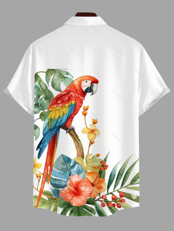 Chemise de vacances pour homme à imprimé floral et feuilles de perroquet, boutonnée - Blanc XL