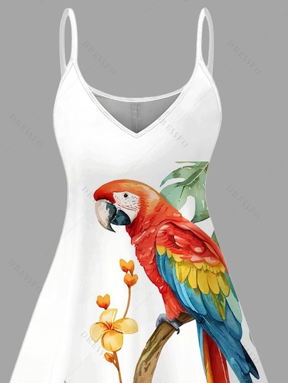 Robe de vacances à imprimé floral perroquet et feuilles, bretelles spaghetti - Blanc XXXXXL | US 20