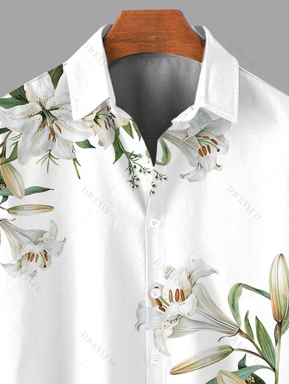 Chemise de vacances pour homme à imprimé floral lys et feuilles, boutonnée - Vert Armée 5XL