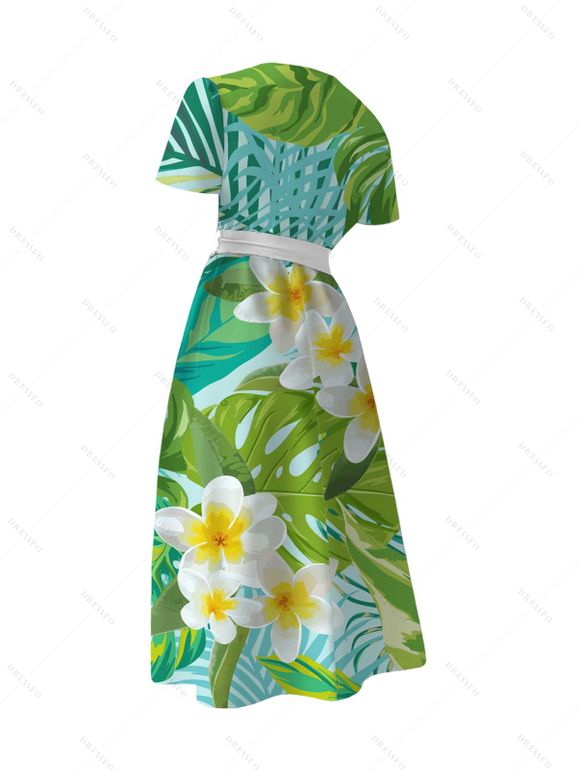 Vacation Couple Outfit Frangipani Tropical Leaf Print Belt Dress and Shirt Set - Vert clair S | US 4