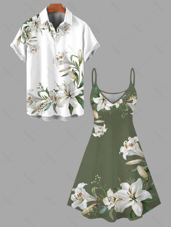 Vacation Couple Outfit Lily Floral Leaf Print Spaghetti Strap Dress and Shirt Set - Vert Armée S | US 4