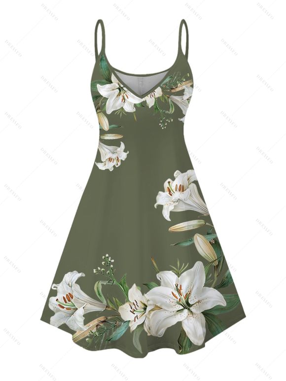 Vacation Couple Outfit Lily Floral Leaf Print Spaghetti Strap Dress and Shirt Set - Vert Armée S | US 4