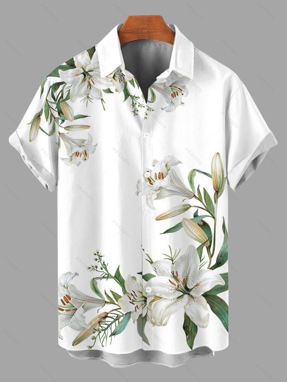 Vacation Couple Outfit Lily Floral Leaf Print Spaghetti Strap Dress and Shirt Set - Vert Armée S | US 4