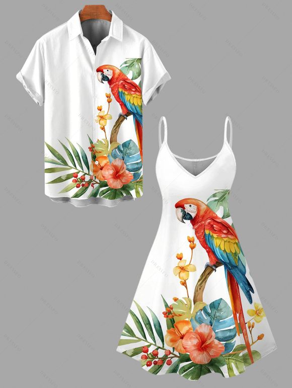 Vacation Couple Outfit Parrot Floral Leaf Print Spaghetti Strap Dress and Shirt Set - Blanc S | US 4