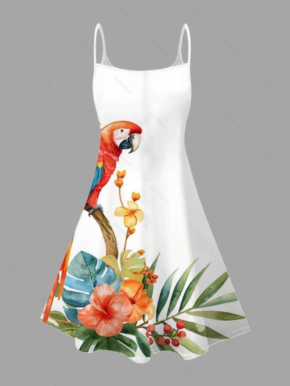 Vacation Couple Outfit Parrot Floral Leaf Print Spaghetti Strap Dress and Shirt Set - Blanc S | US 4