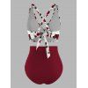 Ensemble maillot de bain de plage : haut imprimé feuilles de rose et bas froncé. - Rouge 2XL