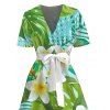 Robe de vacances à imprimé feuille tropicale frangipanier avec ceinture - Vert clair XXL | US 14