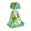 Vacation Couple Outfit Frangipani Tropical Leaf Print Belt Dress and Shirt Set - Vert clair S | US 4
