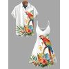 Vacation Couple Outfit Parrot Floral Leaf Print Spaghetti Strap Dress and Shirt Set - Blanc S | US 4