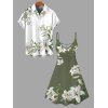 Vacation Couple Outfit Lily Floral Leaf Print Spaghetti Strap Dress and Shirt Set - Vert Armée S | US 4