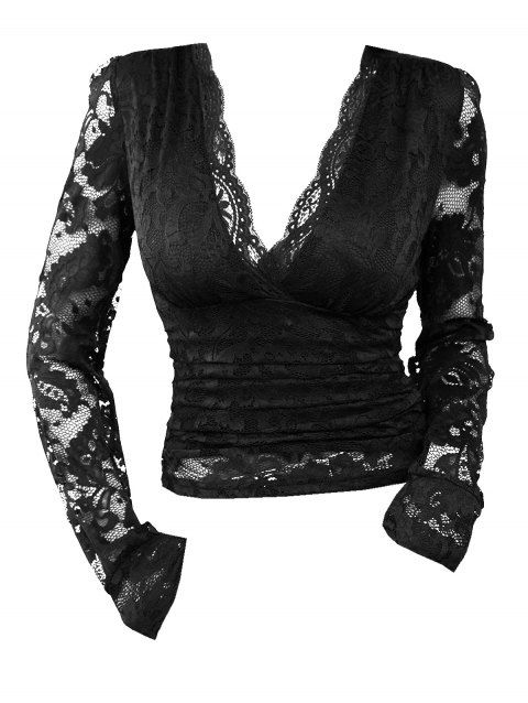 Haut uni à empiècement en dentelle transparente et décolleté plongeant festonné