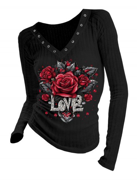 Haut gothique à imprimé de feuilles de rose et œillets, col en V, manches longues