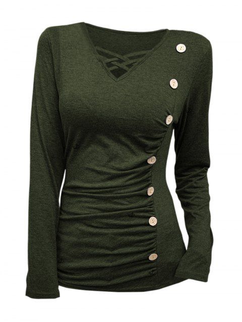 Haut uni à faux boutons et manches longues croisées froncées