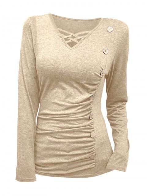Haut uni à faux boutons et manches longues croisées froncées