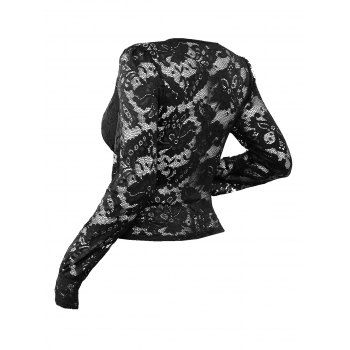 Solid Color Top See Thru Lace Panel Scalloped Plunge Neck Top