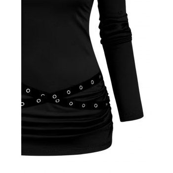 Solid Color Top Grommet Buckle Crossover Long Sleeve Top
