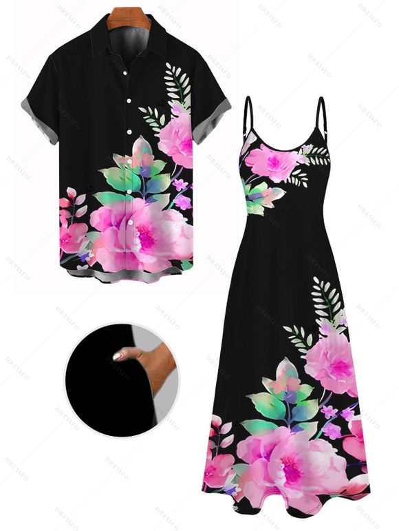 Vacation Couple Outfit Flower Leaf Print Pocket Spaghetti Strap Dress and Shirt Set - Noir S | US 4