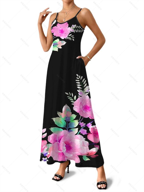 Robe de vacances imprimée de fleurs et de feuilles, à poches et bretelles spaghetti, robe longue - Noir M | US 6