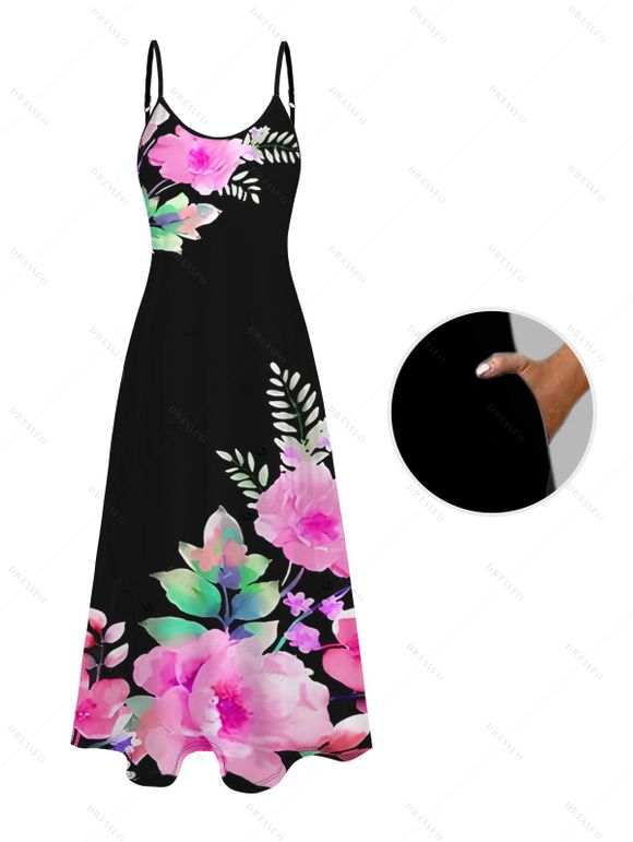 Vacation Couple Outfit Flower Leaf Print Pocket Spaghetti Strap Dress and Shirt Set - Noir S | US 4