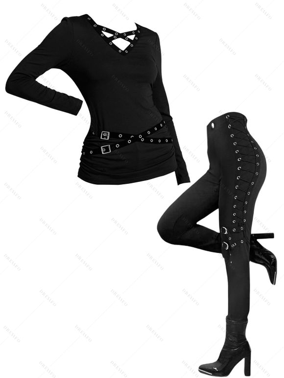 Winter Outfit Solid Color Buckle Crossover Top and Grommet Leggings Set - Noir S | US 4