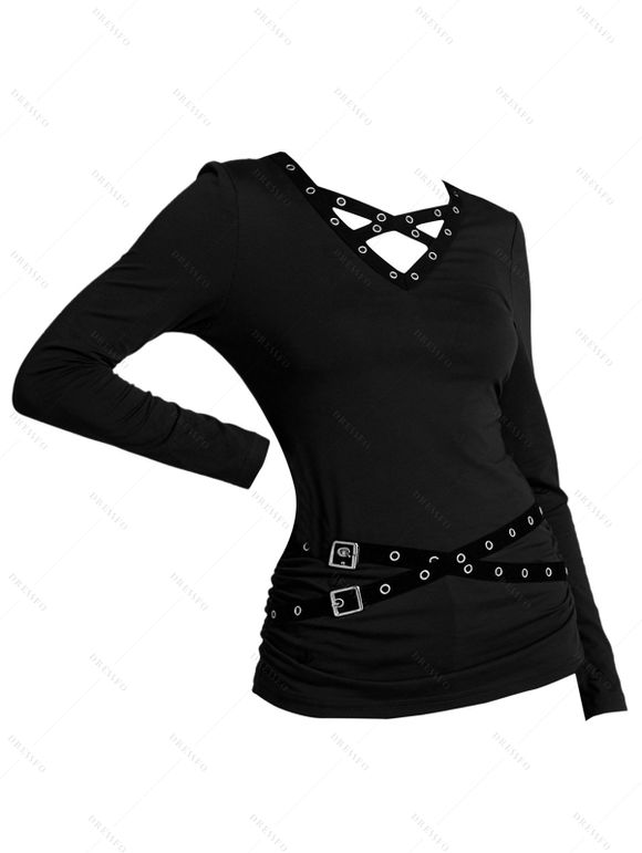 Winter Outfit Solid Color Buckle Crossover Top and Grommet Leggings Set - Noir S | US 4