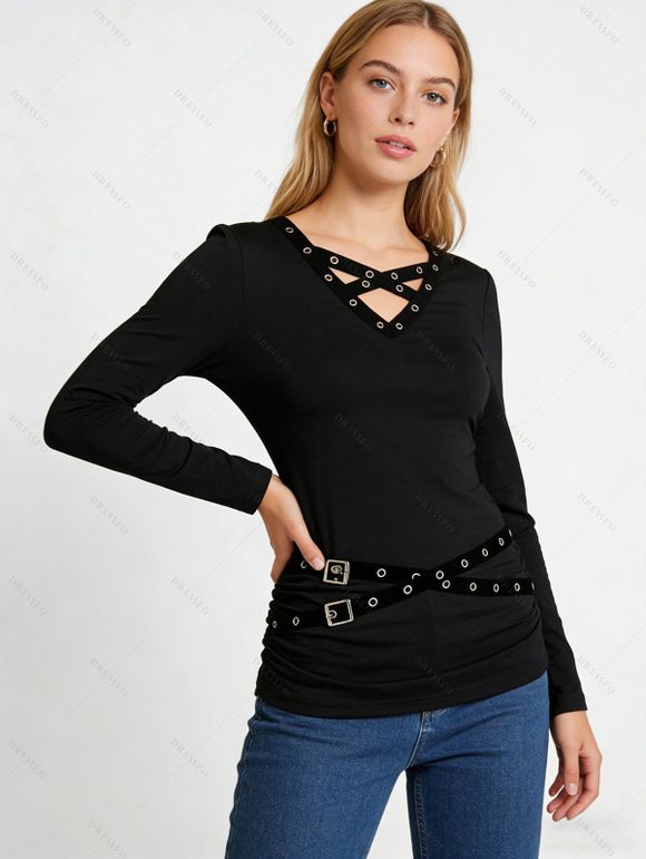 Winter Outfit Solid Color Buckle Crossover Top and Grommet Leggings Set - Noir S | US 4