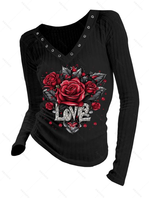 Haut gothique à imprimé de feuilles de rose et œillets, col en V, manches longues - Noir M | US 6